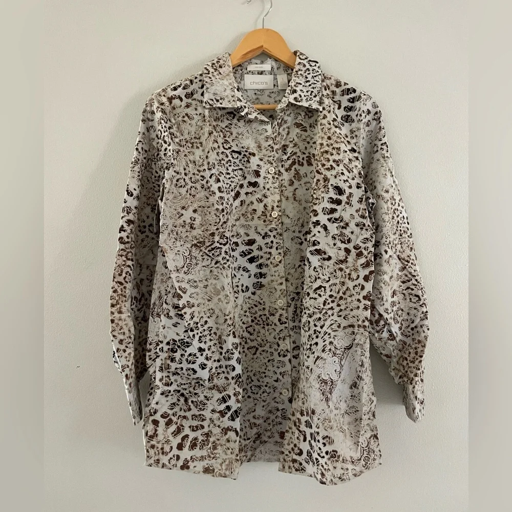 Chico's Animal Print Button Down Shirt - Brown and Cream - Picture 1 of 5